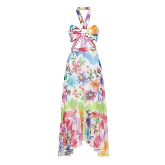 PatBO Bloom Cutout Flare Maxi Dress Halter Neck Back Tie Multicolor Print Size 6 - Picture 2 of 15